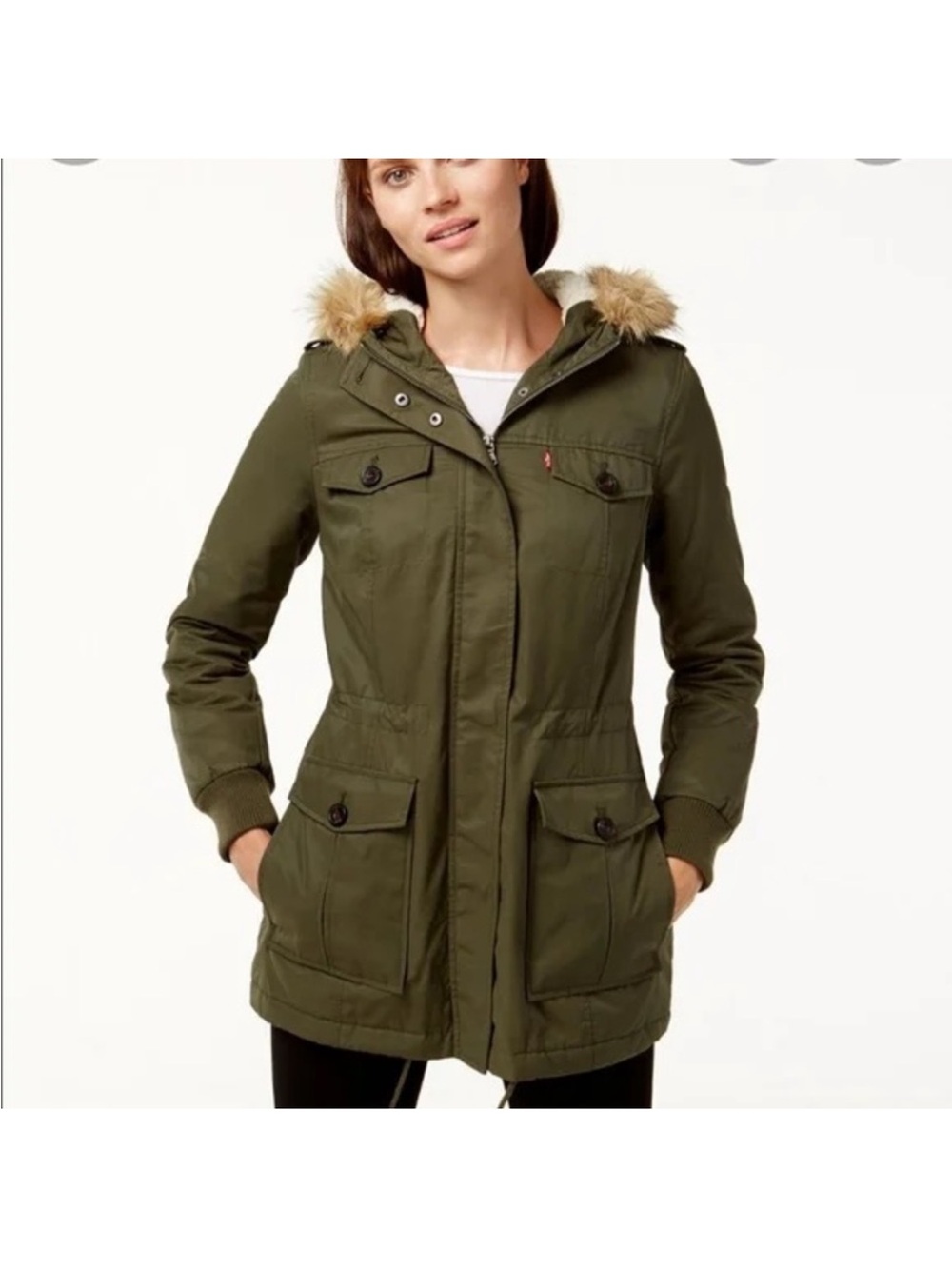 Levi's Olive Green Hooded Utility Jacket with Faux-Fur Trim Parka Jacket sz M